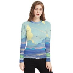 Mountains And Trees Illustration Painting Clouds Sky Landscape Women s Long Sleeve Rash Guard by Cendanart