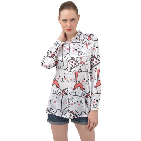 Cute Cat Chef Cooking Seamless Pattern Cartoon Long Sleeve Satin Shirt by Bedest
