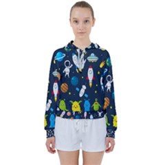 Big Set Cute Astronauts Space Planets Stars Aliens Rockets Ufo Constellations Satellite Moon Rover V Women s Tie Up Sweat by Bedest