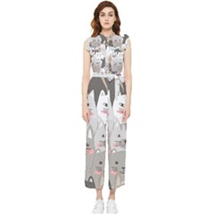 Cute Cats Seamless Pattern Women s Frill Top Chiffon Jumpsuit by Bedest