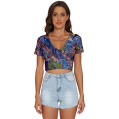 Castle Building Stained Glass V-neck Crop Top by Cendanart