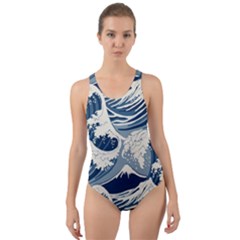 Japanese Wave Pattern Cut-out Back One Piece Swimsuit by Cendanart