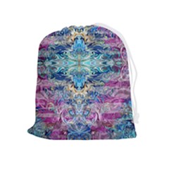 Magenta On Cobalt Arabesque Drawstring Pouch (xl) by kaleidomarblingart