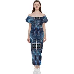 Circuit Board Motherboard Bardot Ruffle Jumpsuit by Cemarart