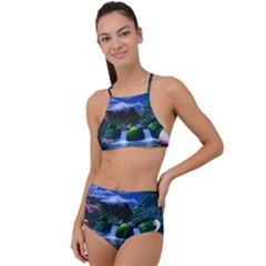 Flamingo Paradise Scenic Bird Fantasy Moon Paradise Waterfall Magical Nature Halter Tankini Set by Ndabl3x