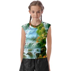 Paradise Forest Painting Bird Deer Waterfalls Kids  Raglan Cap Sleeve T-shirt by Ndabl3x