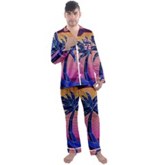 Abstract 3d Art Holiday Island Palm Tree Pink Purple Summer Sunset Water Men s Long Sleeve Satin Pajamas Set by Cemarart