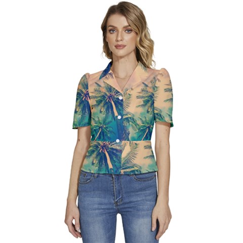 Palm Trees Beauty Nature Clouds Summer Puffed Short Sleeve Button Up Jacket by Cemarart