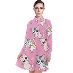 Cute Animal Little Cat Seamless Pattern Long Sleeve Chiffon Shirt Dress by Grandong