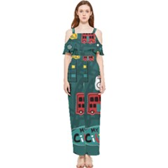 Seamless Pattern Hand Drawn With Vehicles Buildings Road Draped Sleeveless Chiffon Jumpsuit by Grandong