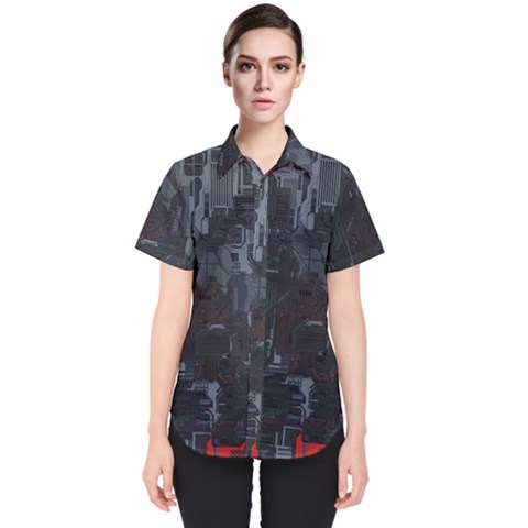 Abstract Tech Computer Motherboard Technology Women s Short Sleeve Shirt by Cemarart