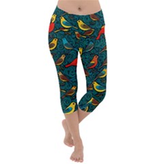 Bird Pattern Colorful Lightweight Velour Capri Yoga Leggings by Cemarart
