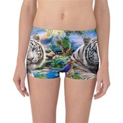 White Tiger Peacock Animal Fantasy Water Summer Reversible Boyleg Bikini Bottoms by Cemarart