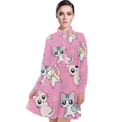 Cute Animal Little Cat Seamless Pattern Long Sleeve Chiffon Shirt Dress by Cemarart