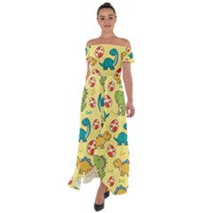 Seamless Pattern With Cute Dinosaurs Character Off Shoulder Open Front Chiffon Dress by Ndabl3x