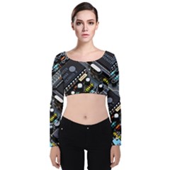 Motherboard Board Circuit Electronic Technology Velvet Long Sleeve Crop Top by Cemarart