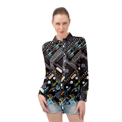 Motherboard Board Circuit Electronic Technology Long Sleeve Chiffon Shirt by Cemarart