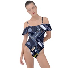 Motherboard Board Circuit Electronic Technology Frill Detail One Piece Swimsuit by Cemarart