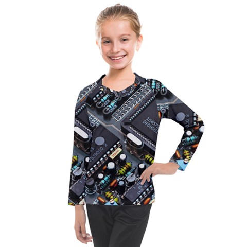 Motherboard Board Circuit Electronic Technology Kids  Long Mesh T-shirt by Cemarart