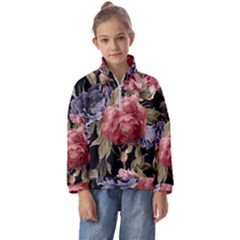 Retro Texture With Flowers, Black Background With Flowers Kids  Half Zip Hoodie by nateshop
