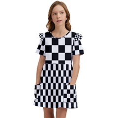 Black White Checker Pattern Checkerboard Kids  Frilly Sleeves Pocket Dress by Grandong