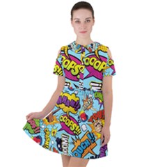 Comic Elements Colorful Seamless Pattern Short Sleeve Shoulder Cut Out Dress  by Bedest