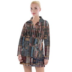 Assorted Title Of Books Piled In The Shelves Assorted Book Lot Inside The Wooden Shelf Women s Long Sleeve Casual Dress by Bedest