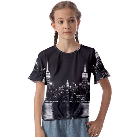Photography Of Buildings New York City  Nyc Skyline Kids  Cuff Sleeve Scrunch Bottom T-shirt by Cemarart