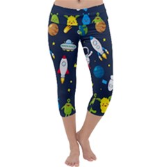 Big Set Cute Astronauts Space Planets Stars Aliens Rockets Ufo Constellations Satellite Moon Rover Capri Yoga Leggings by Cemarart