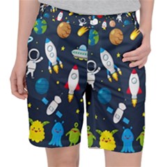 Big Set Cute Astronauts Space Planets Stars Aliens Rockets Ufo Constellations Satellite Moon Rover Women s Pocket Shorts by Cemarart