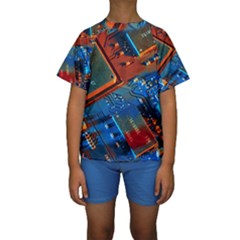 Gray Circuit Board Electronics Electronic Components Microprocessor Kids  Short Sleeve Swimwear by Cemarart
