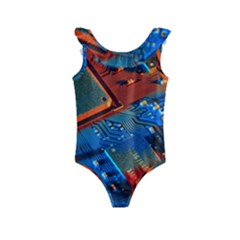 Gray Circuit Board Electronics Electronic Components Microprocessor Kids  Frill Swimsuit by Cemarart