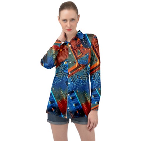 Gray Circuit Board Electronics Electronic Components Microprocessor Long Sleeve Satin Shirt by Cemarart