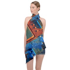Gray Circuit Board Electronics Electronic Components Microprocessor Halter Asymmetric Satin Top by Cemarart