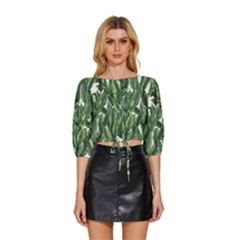Green Banana Leaves Mid Sleeve Drawstring Hem Top by goljakoff