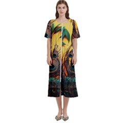 Sunset Illustration Water Night Sun Landscape Grass Clouds Painting Digital Art Drawing Women s Cotton Short Sleeve Nightgown by Cemarart