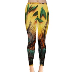 Sunset Illustration Water Night Sun Landscape Grass Clouds Painting Digital Art Drawing Inside Out Leggings by Cemarart