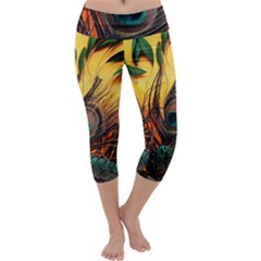 Japan Art Artwork Asia Drawing Lake Landscape Mountain Nature Oriental Capri Yoga Leggings by Cemarart