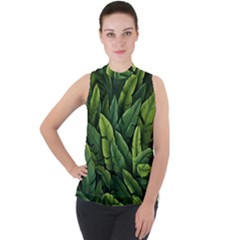 Green Leaves Mock Neck Chiffon Sleeveless Top by goljakoff