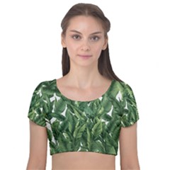 Tropical Leaves Velvet Short Sleeve Crop Top  by goljakoff