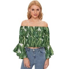 Tropical Leaves Off Shoulder Flutter Bell Sleeve Top by goljakoff