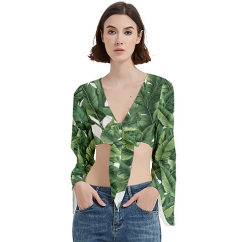 Tropical Leaves Trumpet Sleeve Cropped Top by goljakoff