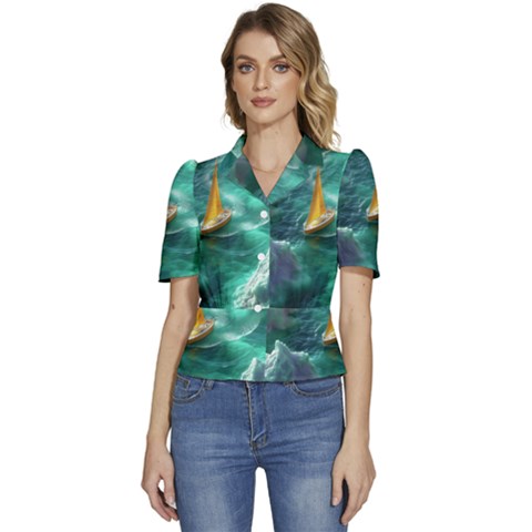 Dolphin Swimming Sea Ocean Puffed Short Sleeve Button Up Jacket by Cemarart