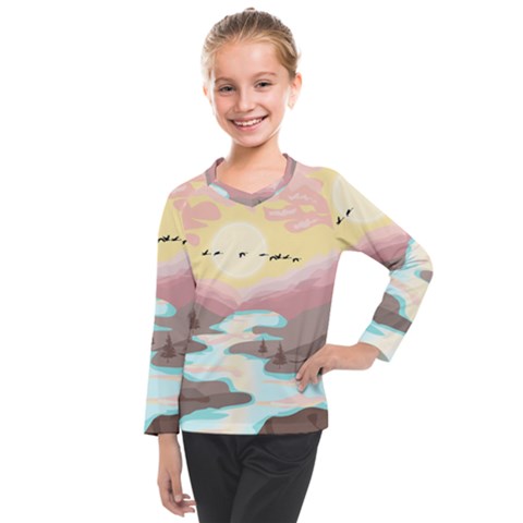 Mountain Birds River Sunset Nature Kids  Long Mesh T-shirt by Cemarart