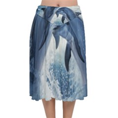Dolphins Sea Ocean Water Velvet Flared Midi Skirt by Cemarart