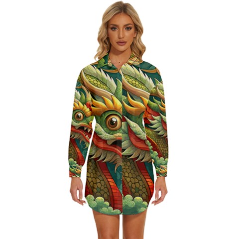 Chinese New Year – Year Of The Dragon Womens Long Sleeve Shirt Dress by Valentinaart