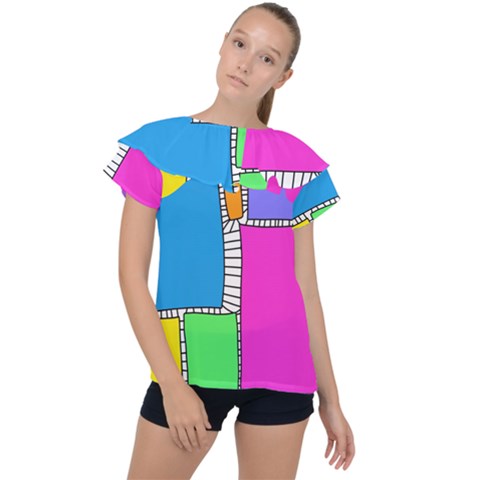 Shapes Texture Colorful Cartoon Ruffle Collar Chiffon Blouse by Cemarart