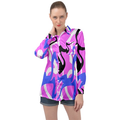 Swirl Pink White Blue Black Long Sleeve Satin Shirt by Cemarart