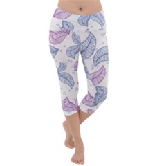 Boho Bohemian Leaves Branch Beige Lightweight Velour Capri Yoga Leggings by Cemarart