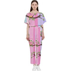 Owls Family Stripe Tree Batwing Lightweight Chiffon Jumpsuit by Bedest